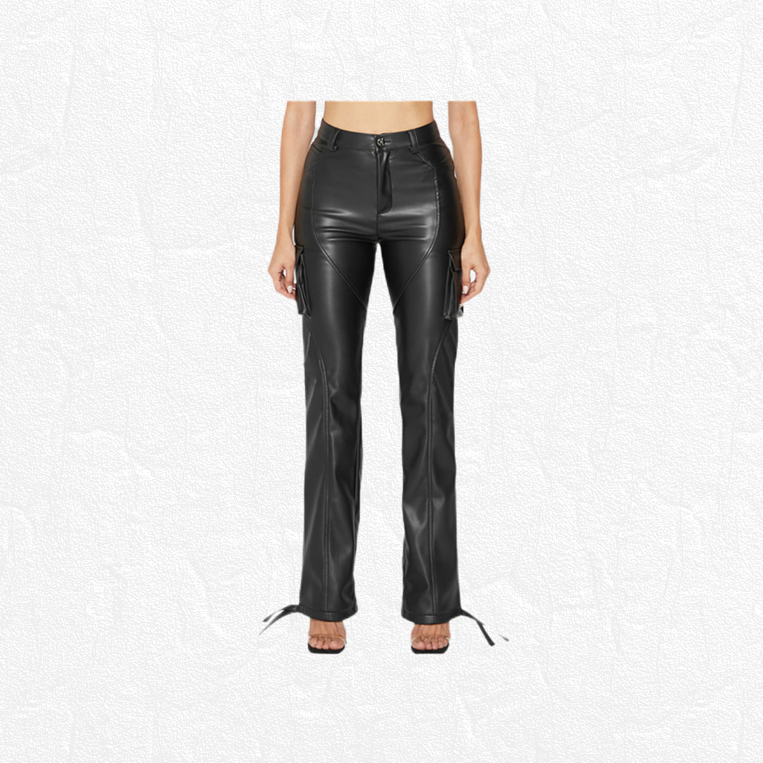 High waist black leather pants #090004